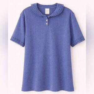 Blair Blue Eyelet-Collar Polo Top